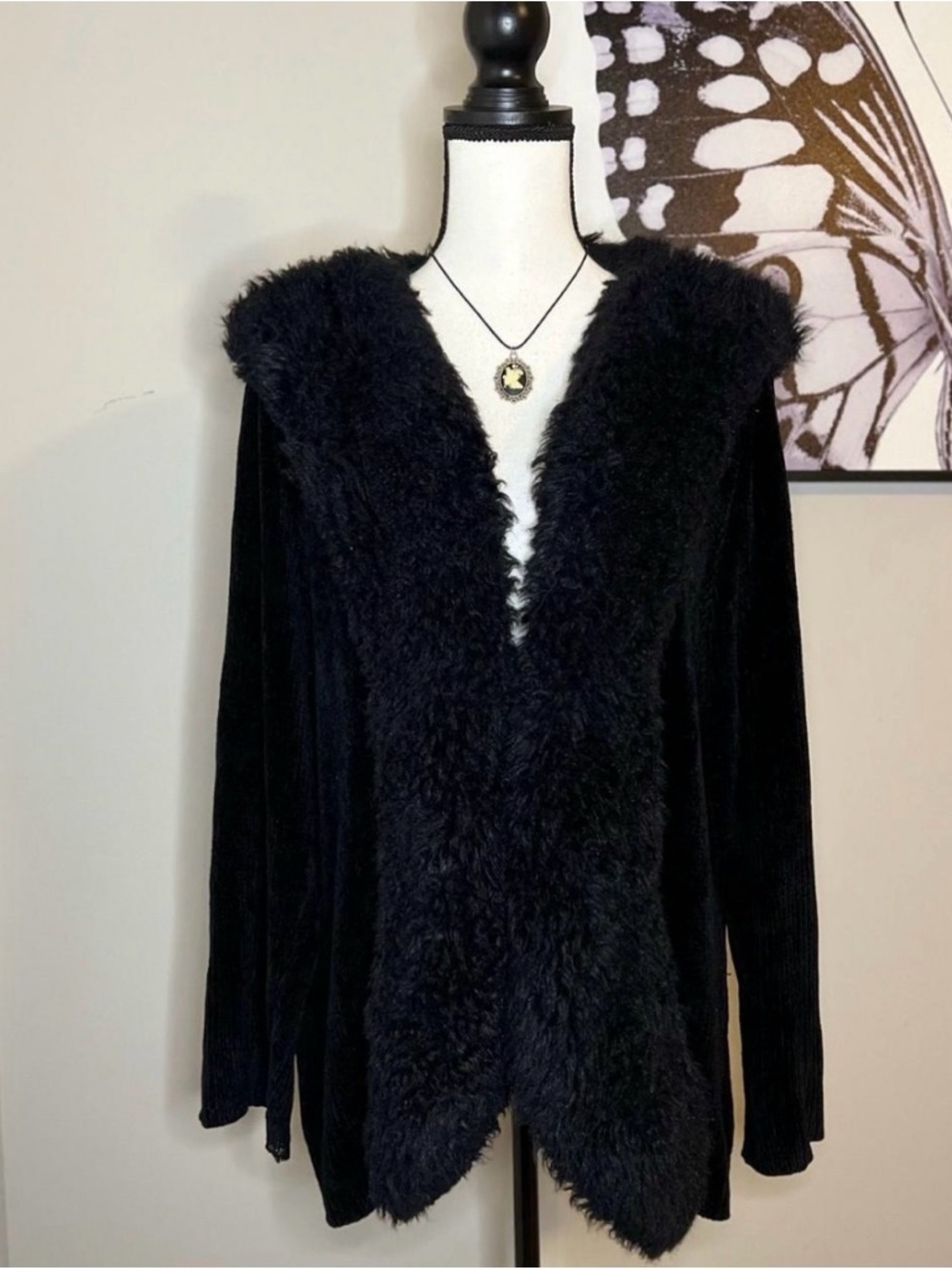 Open-Front Black Chenille Fur Trim Coat